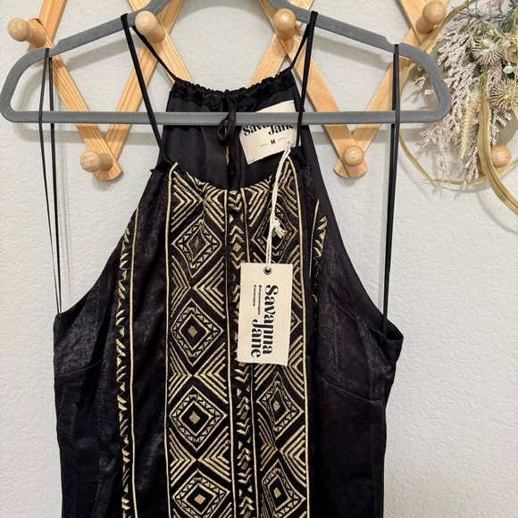NWT! Savanna Jane Black Gold Embroidered Detail Halter Top Slit Maxi Dress Sz M - Picture 4 of 8
